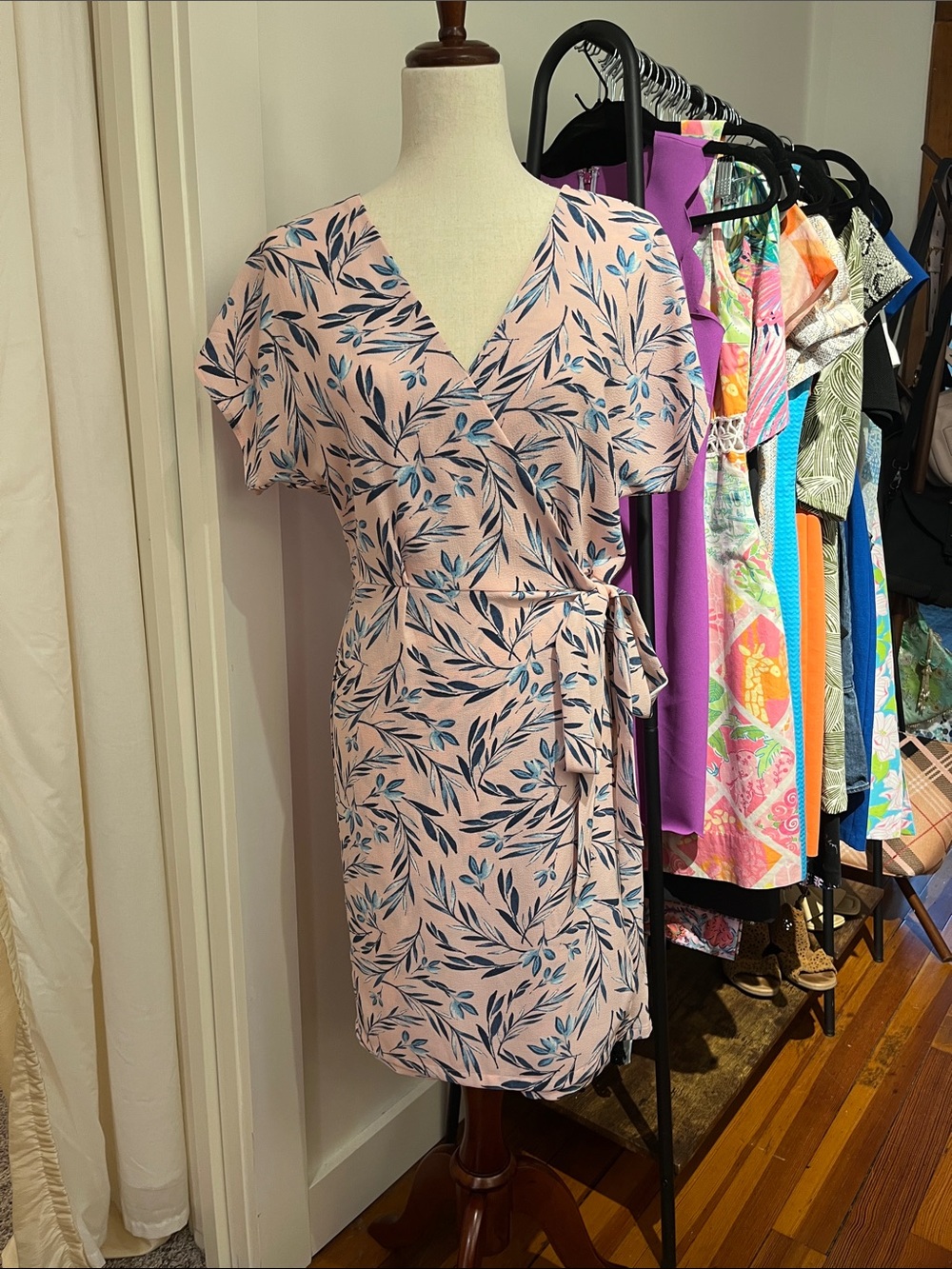 bobeau Pink Floral Wrap Midi Dress with Blue Leaf Print